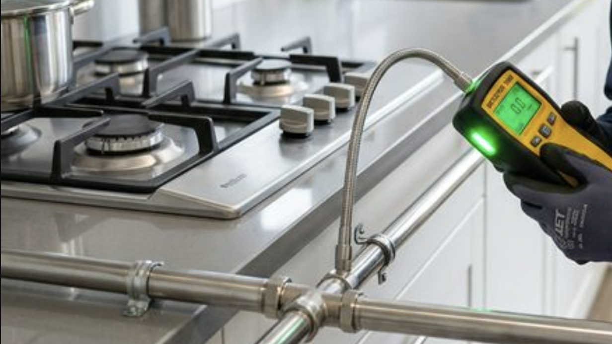 Проверка газового соединения электронным течеискателем на кухне
